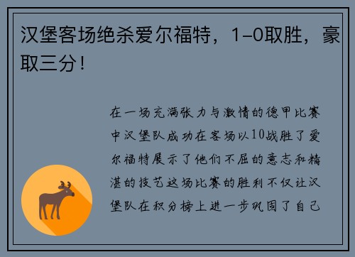 汉堡客场绝杀爱尔福特，1-0取胜，豪取三分！